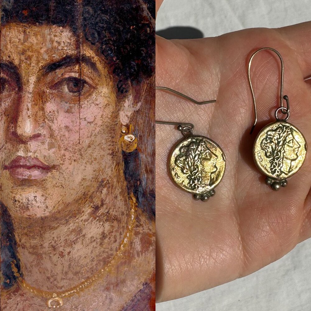 Gold Intaglio Cameo Roman Coin Style Drop Earrings